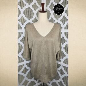 Talbots Tan/Taupe Linen Double V Neck Dolman Elbow Sleeve Lightweight Sweater M